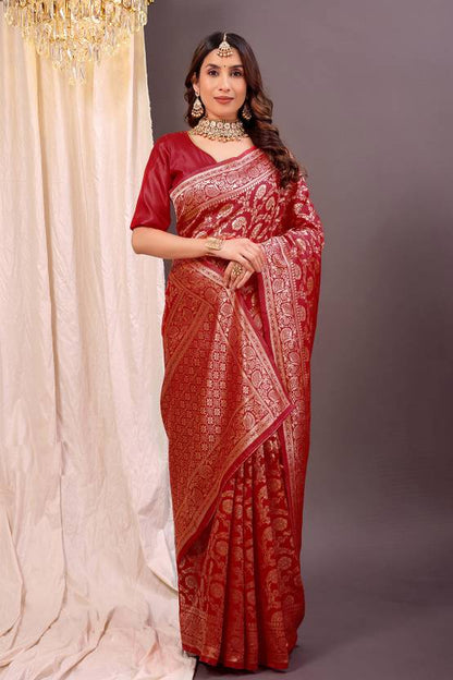 The Crimson Regal Banarasi Silk Saree with All-Over Floral Jaal