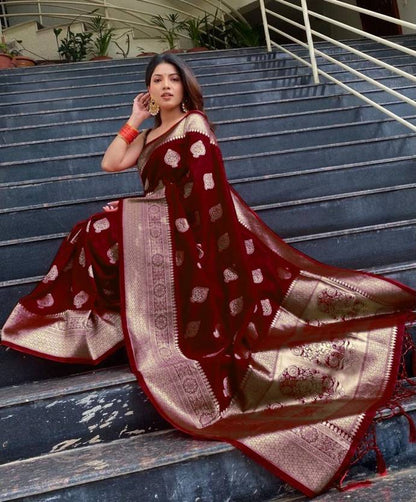The Royal Maroon Banarasi Silk Saree with Antique Zari Work