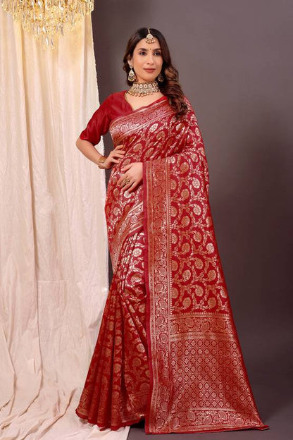 The Crimson Regal Banarasi Silk Saree with All-Over Floral Jaal