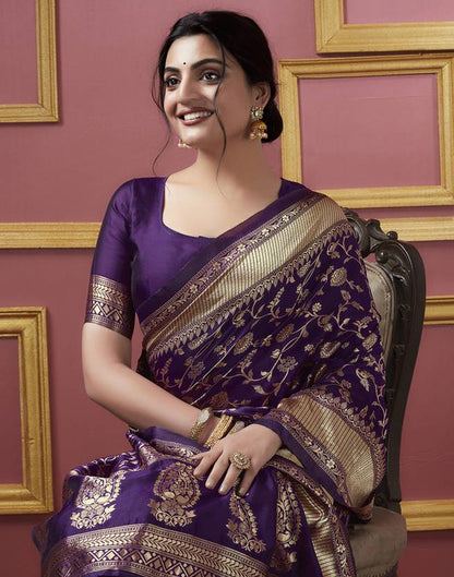 The Royal Purple Banarasi Silk Saree with Rose Gold Floral Jaal