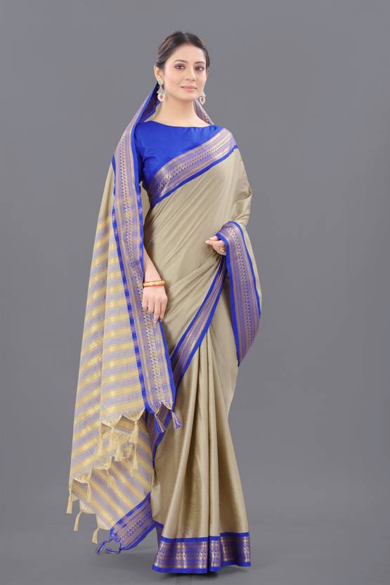 The Champagne Gold & Electric Blue Art Silk Saree with Striped Pallu