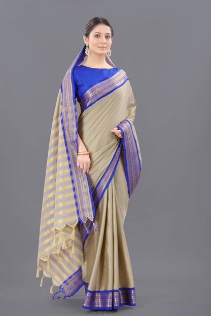 The Champagne Gold & Electric Blue Art Silk Saree with Striped Pallu