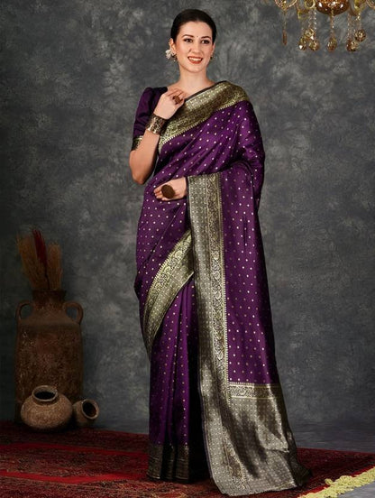 The Royal Aubergine Silk Saree with Polka Dot Zari Butti