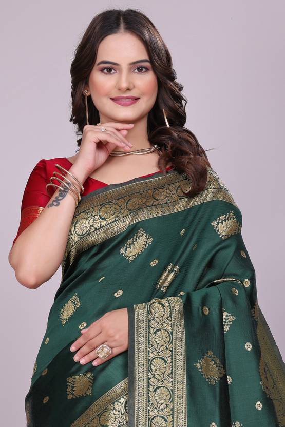 The Emerald & Crimson Banarasi Silk Saree with Ornate Zari Artistry