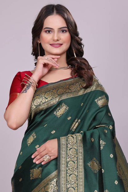 The Emerald & Crimson Banarasi Silk Saree with Ornate Zari Artistry