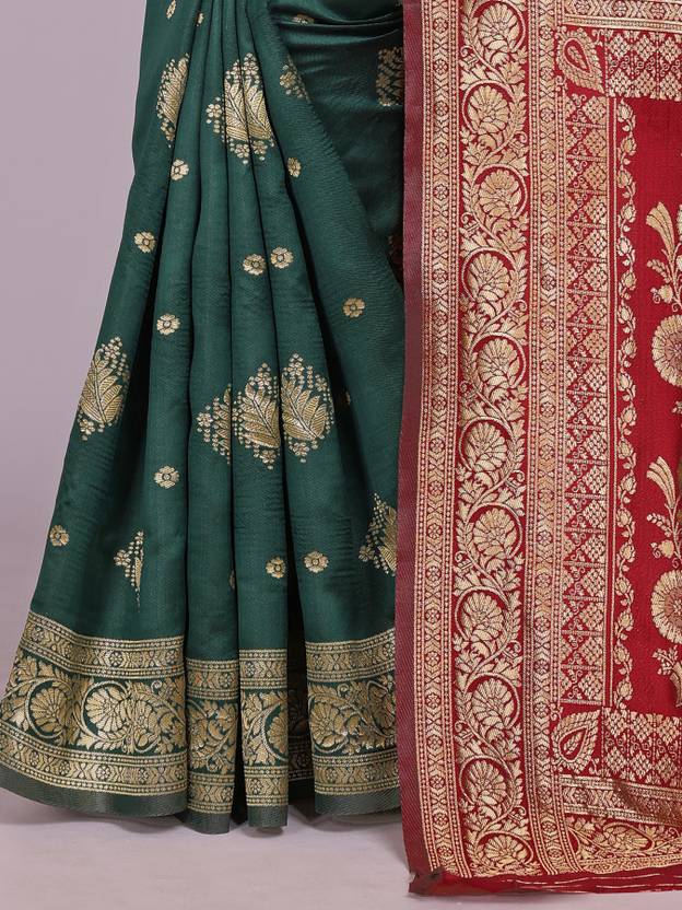 The Emerald & Crimson Banarasi Silk Saree with Ornate Zari Artistry