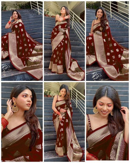 The Royal Maroon Banarasi Silk Saree with Antique Zari Work