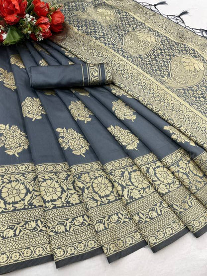 The Slate Grey Banarasi Silk Saree with Golden Zari Artistry
