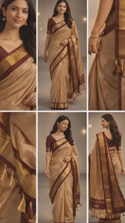 Lofawa Beige Silk Saree with Maroon