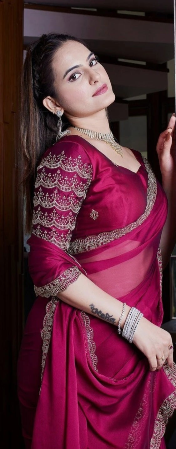 Lofawa Bollywood shiffon saree (Cherry)