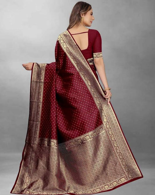 Wine Red Banarasi Silk Saree with Elegant Polka Dot Butis and Ornate Gold Zari Border