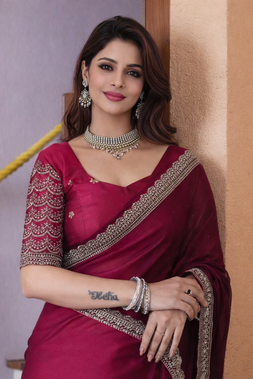 Lofawa Bollywood shiffon saree (Cherry)