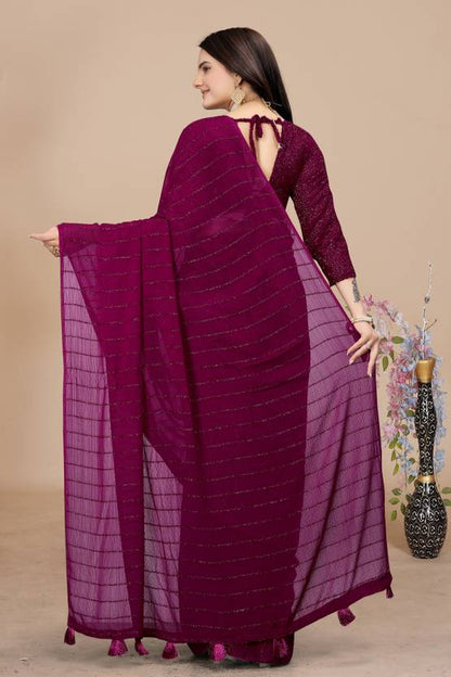 Elegant Wine-Purple Saree with Subtle Stripe Detailing