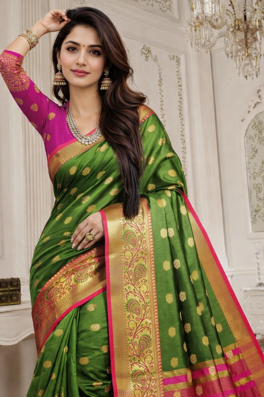 Lofawa Green Print Banarasi Saree