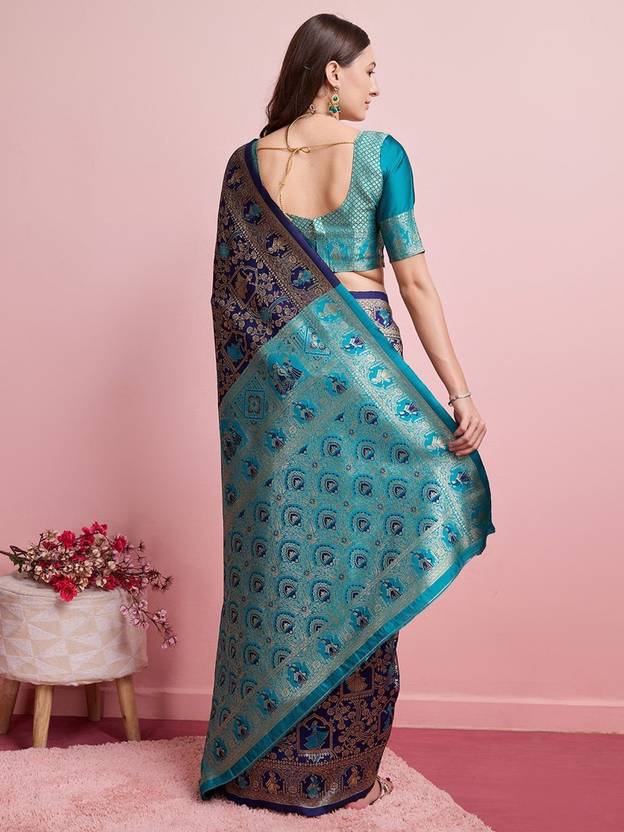 ✨ Midnight Blue & Teal Banarasi Silk Saree