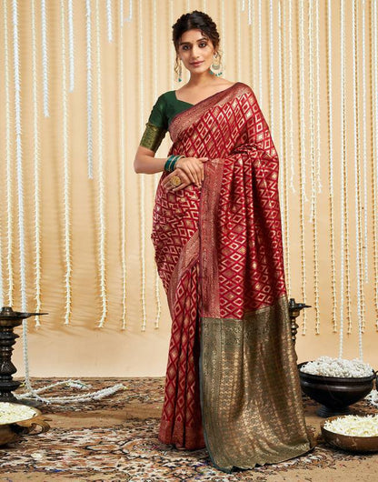 Maroon Banarasi Silk Saree with Geometric Zari Butis and Contrast Green Blouse