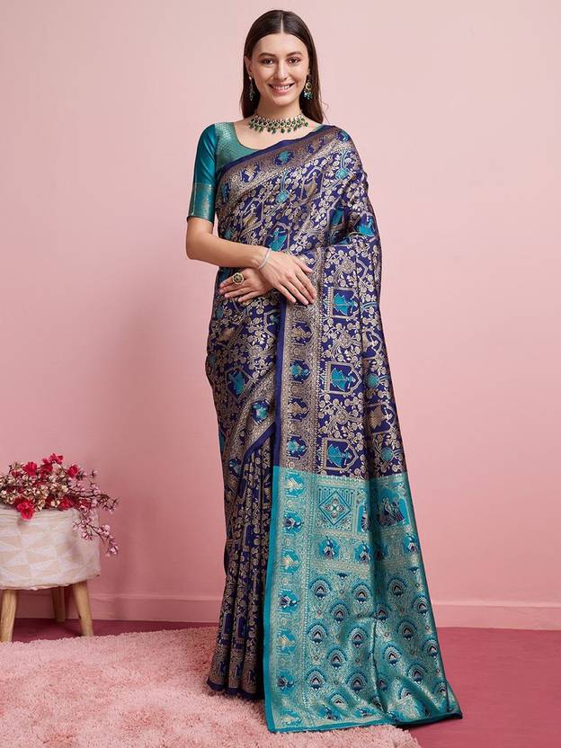 ✨ Midnight Blue & Teal Banarasi Silk Saree