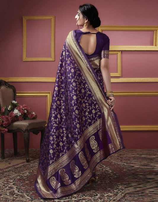 Royal Purple Banarasi Silk Saree with Antique Gold Zari Floral Jaal