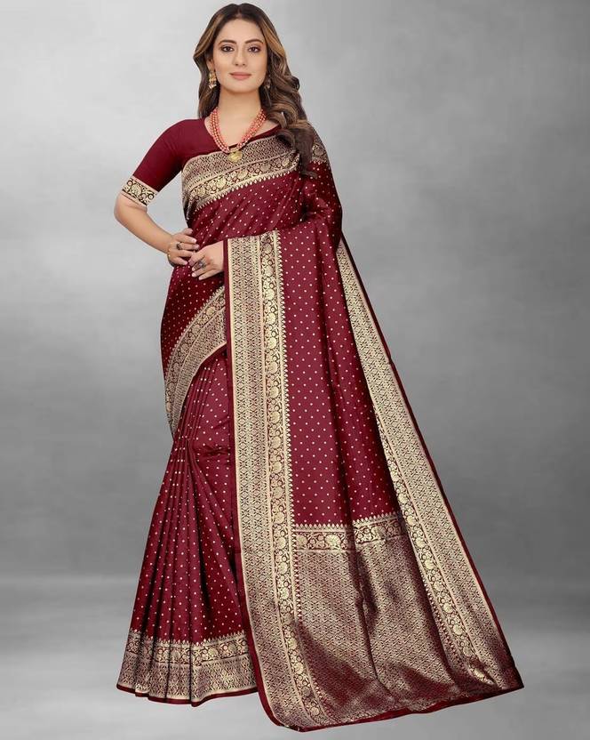 Wine Red Banarasi Silk Saree with Elegant Polka Dot Butis and Ornate Gold Zari Border