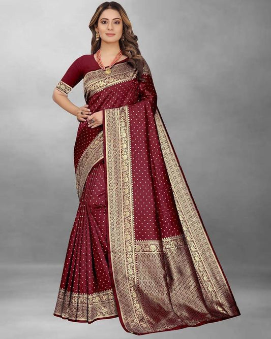 Wine Red Banarasi Silk Saree with Elegant Polka Dot Butis and Ornate Gold Zari Border