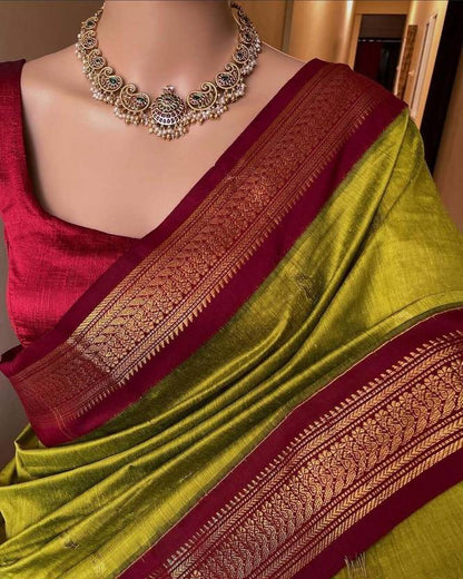 Chartreuse Green and Deep Crimson Silk Saree with Traditional Zari Border