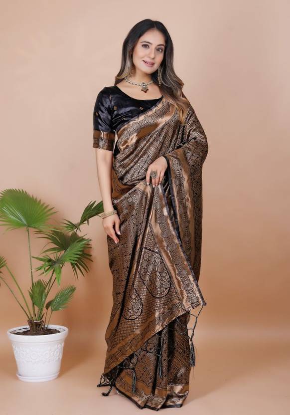 Midnight Black Banarasi Silk Saree with Copper Zari Weaving and Lattice Pattern