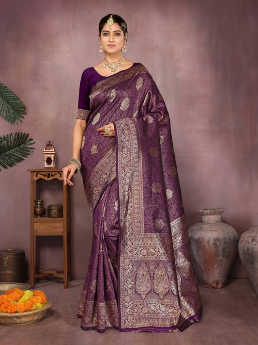 Regal Deep Purple Banarasi Silk Saree with Antique Gold Zari Work
