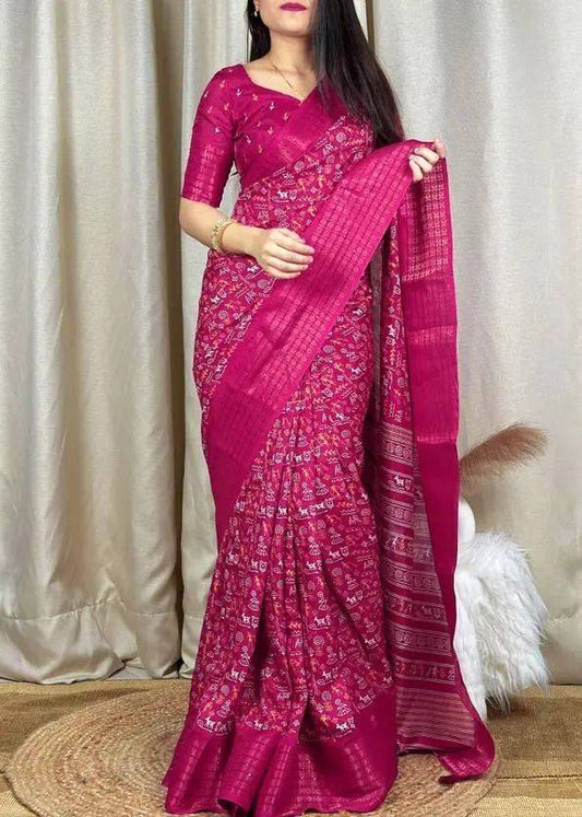 ✨ Berry Pink Ikat Handloom Saree