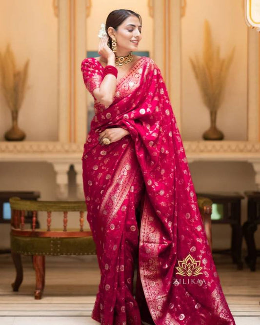 Regal Maroon Banarasi Silk Saree with Geometric Zari Jaal and Contrast Green Blouse