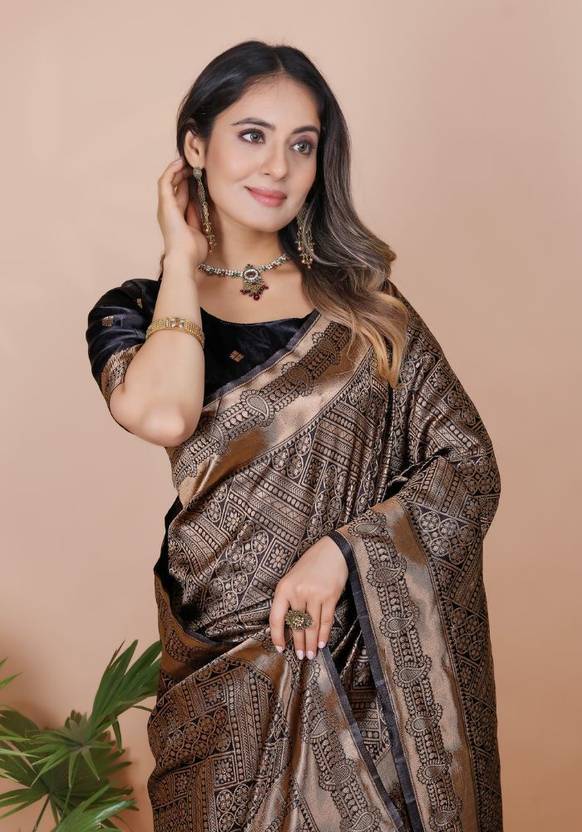 Midnight Black Banarasi Silk Saree with Copper Zari Weaving and Lattice Pattern