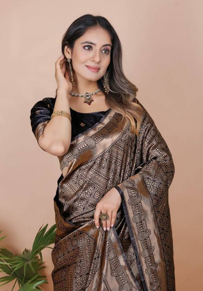 Midnight Black Banarasi Silk Saree with Copper Zari Weaving and Lattice Pattern