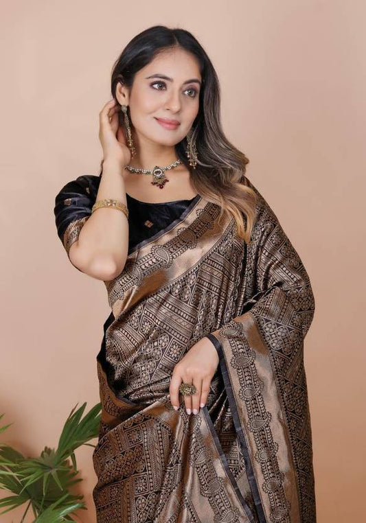 Midnight Black Banarasi Silk Saree with Copper Zari Weaving and Lattice Pattern