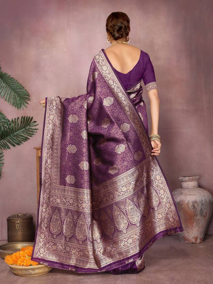 Regal Deep Purple Banarasi Silk Saree with Antique Gold Zari Work